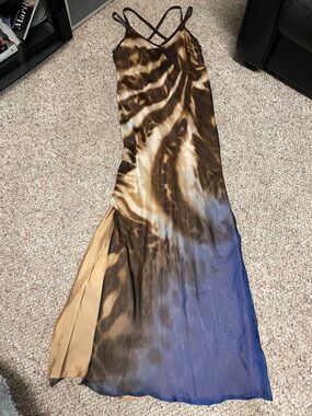 Danier leather/100% silk Brown and Blue Ombre Slip maxi Dress with Slit- new